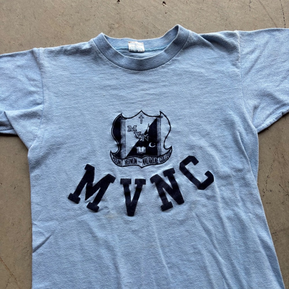 Vintage 70s Champion Blue Bar Tag MVNC College T-Shirt Light Blue Cotton Small